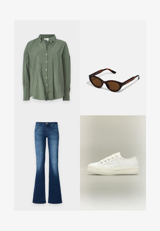 Groene, geknoopte overhemd met kraag in lichtgewicht stof met een licht gerimpelde textuur. Het heeft lange mouwen en witte knopen aan de voorkant.; ONLY Tall Flared fit ONLTIGER Low waist Wide Leg - Flared Jeans - dark blue denim; Witte lage sneaker met dikke geribde zool, veters aan de voorkant en trek-lus aan de hiel tegen een neutrale achtergrond.; Bruine schildpad zonnebril met een vintage cat-eye vorm en bruine lenzen. Heeft gebogen armen met rode accenten.