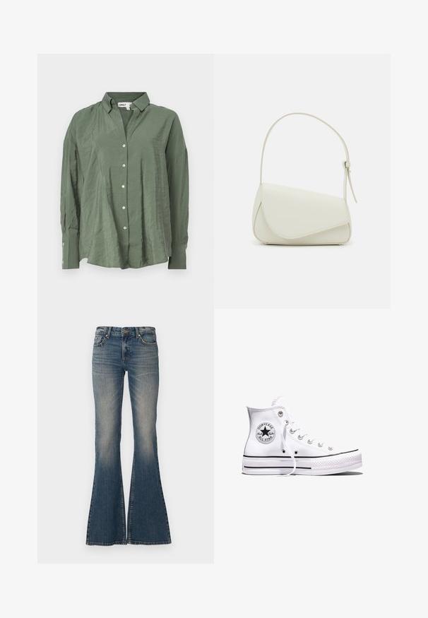 Grøn, krave-button-up skjorte i let stof med en let rynket tekstur. Har lange ærmer og hvide knapper foran.; Flarede blå jeans lavet af denim, med knaplukning, fem-lomme design og en falmet finish med en bred benåbning.; Hvid Converse Chuck Taylor All Star højt snøresko med sorte striber og logoemblem på siden, vist mod en ensfarvet hvid baggrund.; Hvid taske i faux læder med en struktureret trekantet form, enkelt justerbart skulderstrop og en flaplås med kurver.
