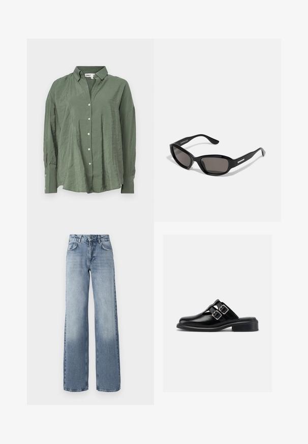 Grøn, krave-button-up skjorte i let stof med en let rynket tekstur. Har lange ærmer og hvide knapper foran.; Bredde ben bløde denim jeans i blå med en lys vask, lynlås, fem-lomme design og subtil falming nær anklerne.; Sort læder slip-on sko med to sølvspænder, åbne sider, rund tå og lav stablet hæl, vist i profil på hvid baggrund.; Sorte solbriller med rektangulært stel, mørke linser, glat plastmateriale og en metalaccent på templet.