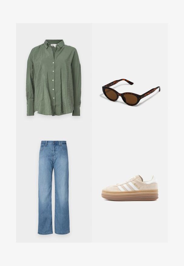 Camisa verde de botonadura con cuello, en tejido ligero y con una textura ligeramente arrugada. Tiene mangas largas y botones blancos en la parte delantera.; Jeans de mezclilla de pierna ancha en un azul claro, con un diseño clásico de cinco bolsillos, cierre de botón y detalles de costura sutiles a lo largo de las costuras.; Zapatilla de ante beige con detalles en cuero blanco, que cuenta con tres franjas blancas, un logo dorado y una suela gruesa de goma translúcida.; Gafas de sol de carey marrón con una forma vintage de ojo de gato y lentes marrones. Presentan brazos curvados con acentos rojos.