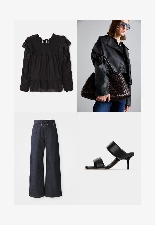 Zwarte blouse met ruches, gesmokte textuur bij de bovenkant, lange mouwen en een gelaagde zoom met doorzichtige stofdetails.; Wijde jeans van donkerdenim, met een hoge taille, dubbele knoopsluiting en contrasterende stiksels langs de naden.; Zwarte leren mule sandaal met twee brede banden en een slanke, middelhoog stilettohak op een effen lichte achtergrond.; DRAGON DIFFUSION SANTA CROCE BIG - Handtas - dark brown