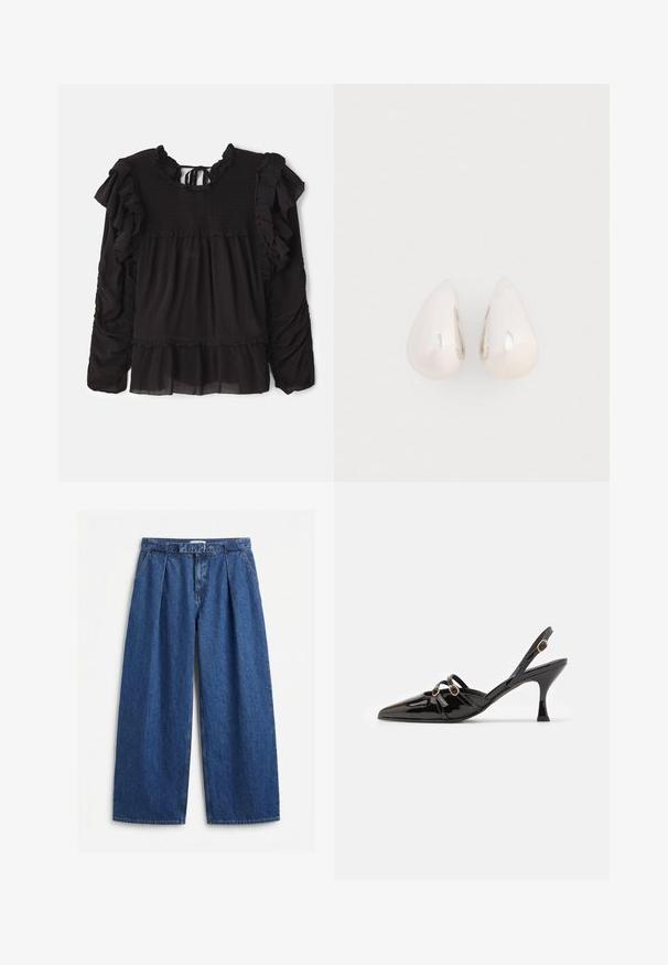 Zwarte blouse met ruches, gesmokte textuur bij de bovenkant, lange mouwen en een gelaagde zoom met doorzichtige stofdetails.; Blauwe denimbroek met hoge taille en wijde pijpen, met plooien aan de voorkant, riemlussen en bijpassende stoffen riem.; ALOHAS JOELLE ONIX - Klassieke pumps - black; Zilveren metalen druppeloorbellen met een gladde, reflecterende oppervlakte en een druppelvorm, voorzien van een naadloos ontwerp en zonder zichtbare versieringen.