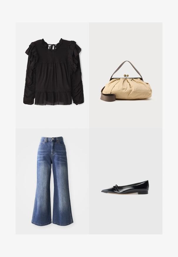Zwarte blouse met ruches, gesmokte textuur bij de bovenkant, lange mouwen en een gelaagde zoom met doorzichtige stofdetails.; Wijduitlopende denim jeans in medium blauw, met een hoge taille, vijf zakken en contrasterende stiksels langs de hemden en zijkanten.; Zwarte gepatenteerde leren platte schoen met een puntige neus, een kleine decoratieve band en een lage blokhak. Gladde textuur en strak ontwerp.; Beige stoffen tas met een geplooid ontwerp, bruine leren handgreep en twee ronde metalen sluitingen aan de bovenkant. Inclusief verstelbare bruine riem.