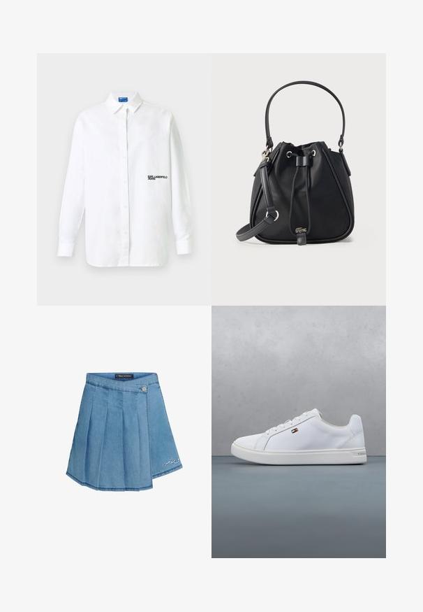Witte overhemd met lange mouwen en knopen, met kraag en zwarte tekstlogo "KARL LAGERFELD JEANS" op de linkerborst.; Denim rok in lichtblauw met geplooid ontwerp, metalen knoopsluiting en geborduurd detail aan de zoom. Gladde textuur en A-lijn vorm.; Witte sneakers van glad synthetisch materiaal, met een ronde neus, platte zool en een minimalistisch ontwerp met een klein logoaccent.; Zwarte bucket-handtas met bovenhandvat en verstelbare schouderriem, trekkoordsluiting en klein zilveren krokodillenlogo midden voor.