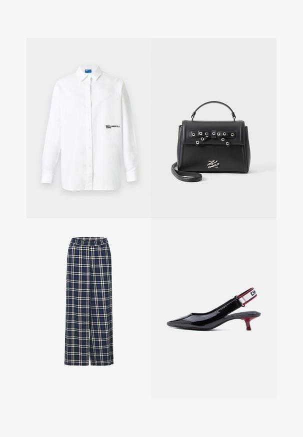 Valge pika varrukaga nööbitav särk kraega, vasakul rinnal must kirjaga "KARL LAGERFELD JEANS" logo.; Tumed teksast lahti jalad, sinise ruudulise mustriga, millel on valged ja mustad jooned. Omab elastset vöökohta ja pehme kangasteksti.; Mustast patenti nahast slingback-king, millel on terav nina, punane madal konts ja elastne valge rihm musta ja punase ääristusega.; Mustast nahast käekott, ülemise käepidemega, eemaldatava õlarihmaga, hõbedase silmarõnga lipsu detailiga lapi peal ning hõbedase logoga embleemiga ees.