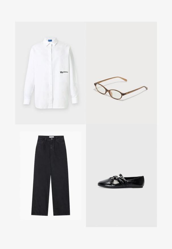 Hvid skjorte med lange ærmer, knapper og krave samt sort tekstlogo "KARL LAGERFELD JEANS" på venstre bryst.; Sorte højtaljede bredbenede denimjeans med frontknap og lynlås, bæltestropper og fem-lomme stil.; Sorte læder balletflader med spidse tæer, to dekorative stropper med sølvspænder og en glat, blank overflade.; Brune skildpaddemønstrede briller med ovale linser, tynde arme og gennemsigtige accenter. Har et diskret logo på stangen. Slankt, let design.