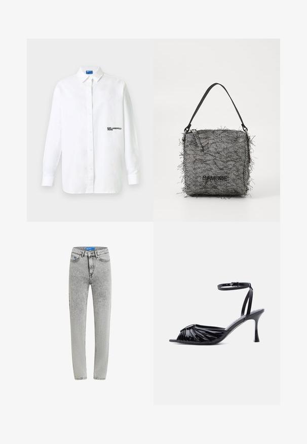 Hvid skjorte med lange ærmer, knapper og krave samt sort tekstlogo "KARL LAGERFELD JEANS" på venstre bryst.; Grå denim jeans med høj talje, lige pasform og subtil struktur. Har en knaplukning, bæltestropper og en blå label indeni.; Sort højhælet sandal i laklæder med åben tå, rynket frontdesign og justerbar ankelrem med spænde.; Vævet sort og hvidt fiskebensmønster taske med frynsekanter, med en tynd skulderrem og et logo på fronten.