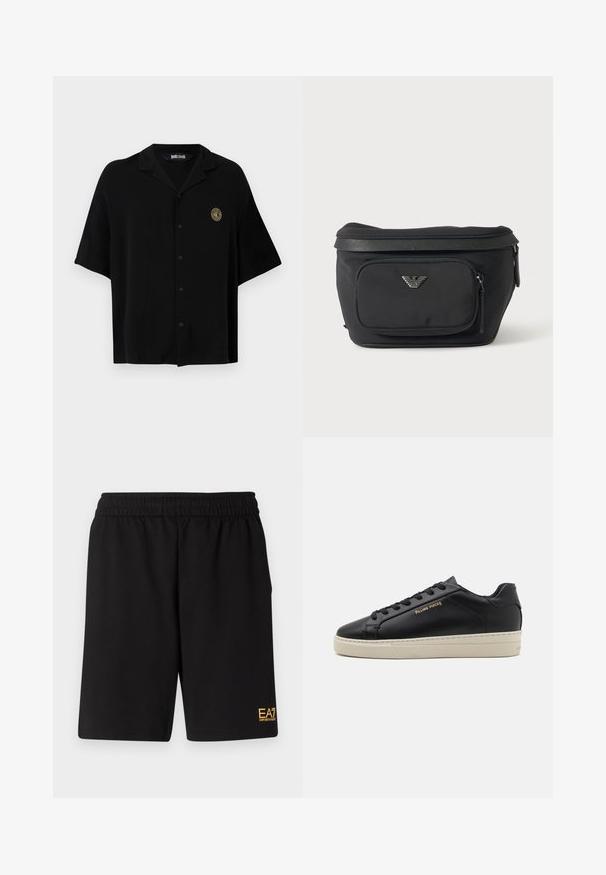 Chemise noire manches courtes à boutons avec col et petit logo circulaire doré et blanc sur la poitrine gauche, marqué "Just Cavalli" à l'intérieur du col.; Shorts de sport noirs en tissu doux, avec une taille élastique et un petit logo jaune EA7 sur le bas de la jambe gauche.; Sneaker en cuir noir avec une finition lisse, semelle crème contrastante, bout arrondi, logo doré sur le côté et six œillets pour les lacets.; Sac banane noir avec poche avant zippée et logo aigle argenté, tissu lisse avec bordure texturée et tirettes de fermeture éclair.