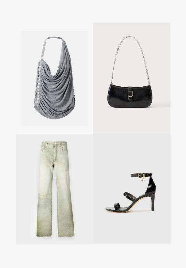 Top dos nu gris drapé avec des boutons blancs sur un côté et une coupe ample froncée.; Jeans en denim vert pâle avec une taille haute, une coupe large et des patches usés. Dotés d'une fermeture à bouton et de cinq poches.; Sandale en cuir verni noir avec trois brides, boucle de cheville et talon aiguille de 10 cm. Présente un détail en métal doré et un charm logo.; Sac à épaule en cuir verni noir avec détail de boucle argentée et bandoulière en chaîne argentée, présenté sur un fond uni clair.