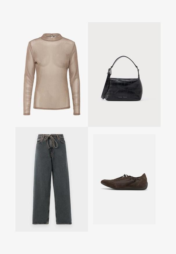 Haut à manches longues et transparent de couleur marron clair avec un léger effet brillant. Il présente un col haut et une fermeture à boutons au dos. Texture douce et légère.; Jeans en denim foncé à jambes larges avec une taille à cordon, des coutures visibles et une texture lisse. Présente une coupe décontractée et des jambes droites.; Baskets marron foncé à enfiler avec des accents en daim, fermeture élastique et semelle en caoutchouc noir, présentées de côté gauche sur fond blanc.; Sac à bandoulière en cuir noir embossé crocodile avec poignée supérieure et logo imprimé sur le devant.