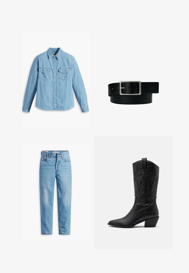 Lichtblauwe spijker blouse met lange mouwen, puntige kraag, twee borstzakken, knoopsluiting en subtiele textuur. Geen zichtbare patronen.; Lichtblauwe denim jeans met hoge taille en rechte pijpen, met knopenlijst en vijf zakken ontwerp, plat weergegeven op een witte achtergrond.; Zwarte leren cowboylaars met een spitse neus, gegraveerde draaiende patronen en een halfhoge hak. Voorzien van een trekhaak voor gemakkelijk aan- en uittrekken.; Zwarte leren riem met zilveren rechthoekige gesp en meerdere verstelgaten, plat gelegd op een witte achtergrond.