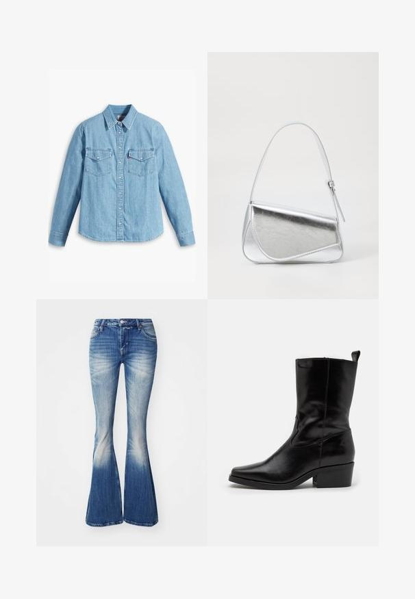 Lichtblauwe spijker blouse met lange mouwen, puntige kraag, twee borstzakken, knoopsluiting en subtiele textuur. Geen zichtbare patronen.; Blauwe flared jeans van denim met een vervaagde wassing. Kenmerken zijn een aansluitende taille, een vijf-pocket ontwerp en een lichte slijtage aan de zoom.; Zwarte leren enklaars met een spitse neus, lage blokhak en gestikte details. Beschikt over zij-elastische panelen voor gemakkelijke instap.; Zilveren metalen handtas met een driehoekige vorm, gladde textuur en een dunne, verstelbare schouderriem. Kenmerkt zich door een omklapbaar ontwerp met stiksels.