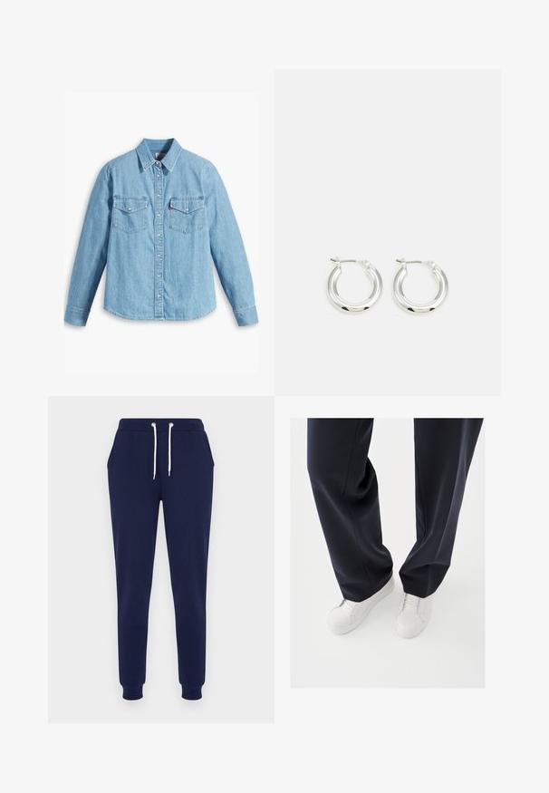 Lyseblå denimskjorte med lange ærmer, spidse krave, to brystlommer, knaplukning og subtil tekstur. Ingen synlige mønstre.; Mørkeblå sweatpants i blødt materiale med elastisk talje og hvide snorer samt sidelommer. Smal benform.; Hvide sneakers med teksturerede gummisåler og flade snørebånd, kombineret med mørkeblå bukser i løs, glat stof og skræddersyet pasform.; Sølv hoop-øreringe med en poleret finish, der har en cirkulær form og en hængslet lukning. Glat tekstur med minimal detaljering.