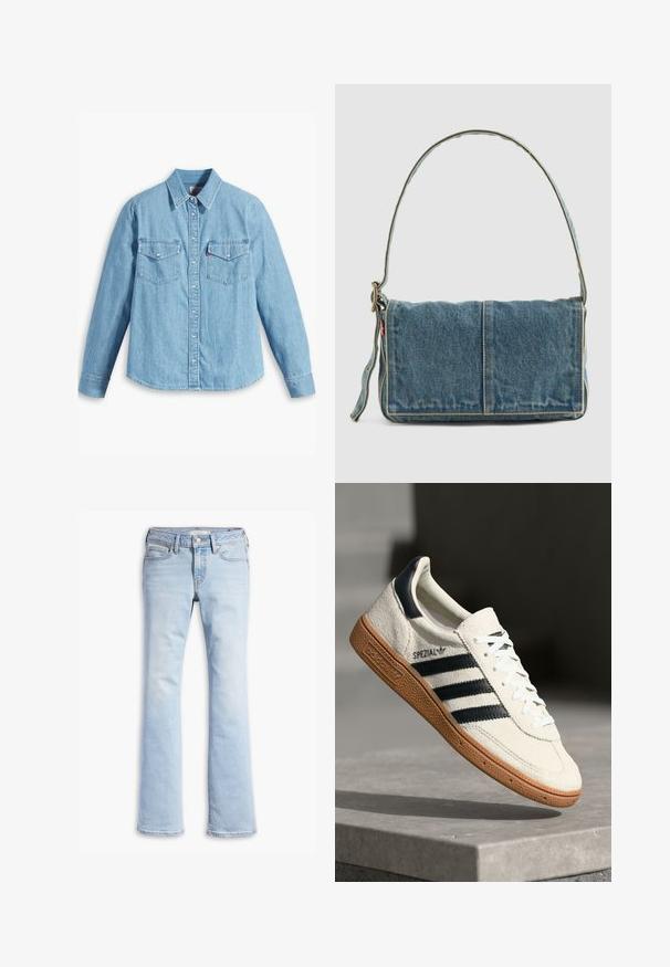 Lichtblauwe spijker blouse met lange mouwen, puntige kraag, twee borstzakken, knoopsluiting en subtiele textuur. Geen zichtbare patronen.; Lichtblauwe denim jeans met een aansluitende taille, een voorste knoop en rits, voor- en achterzakken, en licht uitlopende pijpen.; Witte suède sneakers met marineblauwe strepen, rubberen gumzool, gestructureerde bovenkant, ronde neus en veters; heeft branding aan de zijkant en op de tong.; Denim schoudertas met een opvouwbaar ontwerp, lichtblauwe kleur, zichtbare stiksels, verstelbare schouderband en een zijlabel accent.