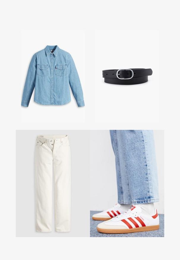 Helles blaues Denimhemd mit langen Ärmeln, spitzem Kragen, zwei Brusttaschen, Knopfleiste und subtiler Struktur. Keine sichtbaren Muster.; Weiße, hoch taillierte Jeans mit geradem Bein, Knopfleiste, Vorder- und Gesäßtaschen sowie sichtbaren Kupfernieten an den Taschenecken.; Weiße Leder Sneaker mit roten Streifen und Akzenten. Verfügt über eine strukturierte Gummi-Laufsohle und einen gepolsterten Schaft. Tragen mit hellblauer Jeans.; Schwarzer Leder Gürtel mit glatter Textur, ovaler silberner Metallschnalle und mehreren Einstelllöchern entlang des Riemens. Flaches, minimalistisches Design.