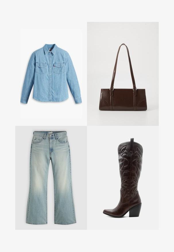 Lyseblå denimskjorte med lange ærmer, spidse krave, to brystlommer, knaplukning og subtil tekstur. Ingen synlige mønstre.; Lyseblå cowboybukser med høj talje, forreste knap og lynlås, fem lommer og let udvidede ben.; Høj mørkebrun læder cowboystøvle med syede dekorative mønstre, spids tå og stablet blokhæle.; Brun lakeret håndtaske med rektangulær form, to lange håndtag og subtile buede detaljer på fronten.