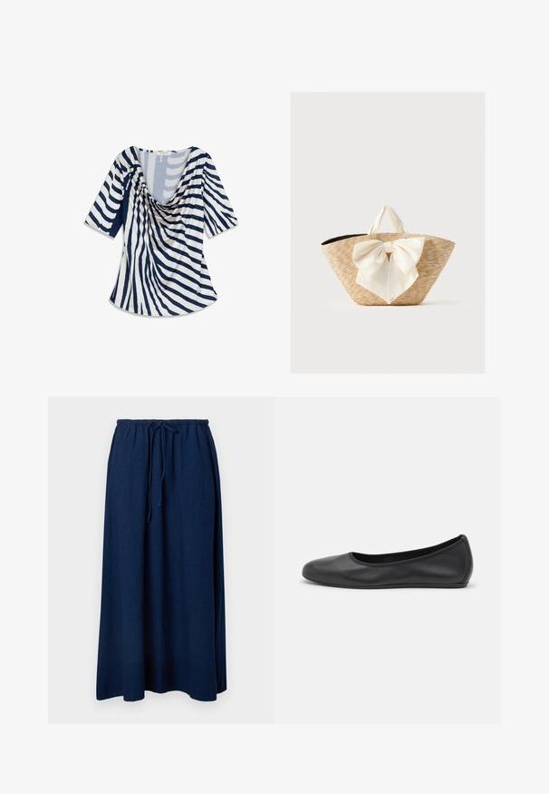 Haut bleu et blanc drapé à manches courtes, avec un motif rayé et un décolleté profond. Le tissu semble doux et léger.; Jupe maxi en lin bleu marine avec taille élastique et cordon ajustable, dotée d'une texture lisse et d'une silhouette fluide.; Ballerines en cuir noir avec un bout rond, texture lisse, détails de couture minimalistes et design de semelle flexible.; Sac cabas en paille tissée avec des poignées en tissu crème et un grand nœud décoratif crème à l'avant, sur un fond uni.