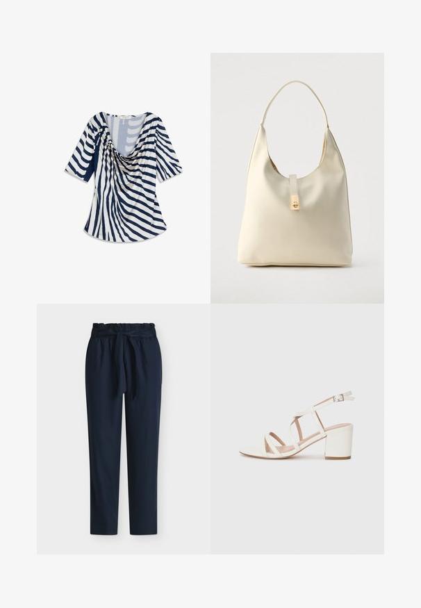 Haut bleu et blanc drapé à manches courtes, avec un motif rayé et un décolleté profond. Le tissu semble doux et léger.; Pantalon bleu marine taille haute avec taille paperbag et ceinture en tissu nouée en nœud devant.; Sandale à talons hauts blanche avec des brides, dotée d'un talon bloc, d'une sangle de cheville ajustable, d'une texture en cuir lisse et d'un design minimaliste.; Sac hobo en cuir couleur crème avec une seule bandoulière, texture lisse et un détail de fermoir doré à l'avant.