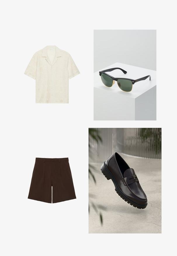 Chemise à manches courtes en tissu crème clair, présentant un design texturé et perforé avec des motifs carrés et un col pointu.; Shorts marron foncé coupés au genou, cintrés avec passants de ceinture et plis sur le devant, présentés à plat sur fond blanc.; Mocassins en cuir marron avec une semelle en caoutchouc texturée et striée. Présente un design épuré et une sangle décorative sur le cou-de-pied.; Lunettes de soleil Ray-Ban avec des verres verts, monture en plastique noir et accents dorés sur les bords. Forme carrée avec une finition mate.