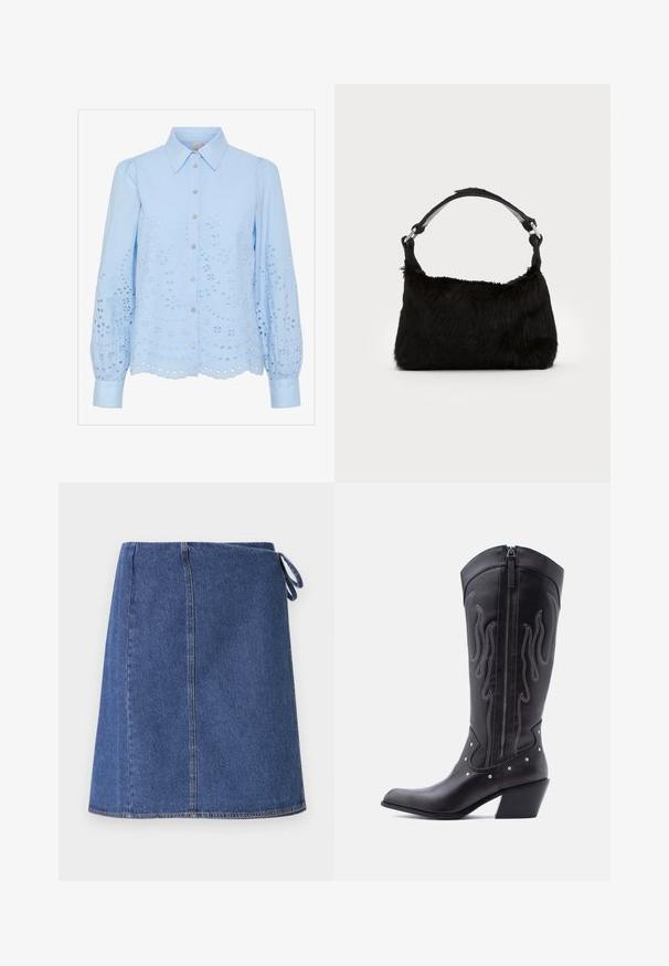Lyseblå bluse med knaplukning foran, spids krave, lange puffede ærmer og broderet hulmønster. Scalloped afslutning.; Denim indpakningsskørt i mørkeblå. Har en lige snit, synlige syninger og et sideløkke til justering. Glat tekstur og standard kant.; Sorte cowboystøvler i læder med spids tå, synlige sømme, sølvfarvede nitte-detaljer og lynlås på den indvendige side.; Sort faux fur håndtaske med en blød tekstur, rund form og en robust skulderrem i sort læder. Synlige sølvhardware-detaljer.