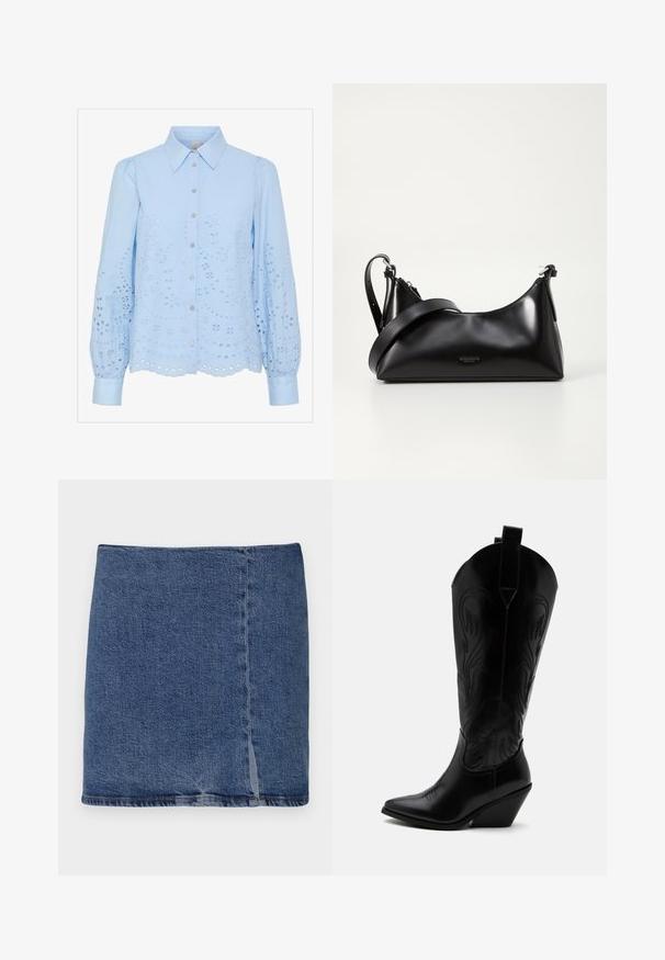 Lyseblå bluse med knaplukning foran, spids krave, lange puffede ærmer og broderet hulmønster. Scalloped afslutning.; Good American Denimnederdele - indigo; Sort læder cowboystøvle med spidst tåparti, skråt blokhælhæl, dekorative sømme og trækstropper øverst mod hvid baggrund.; Sort læderhåndtaske med en glat tekstur. Har en justerbar stropp og et enkelt, minimalistisk design med lynlås.