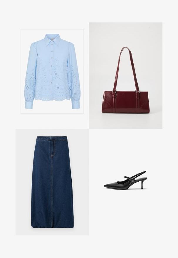 Lyseblå bluse med knaplukning foran, spids krave, lange puffede ærmer og broderet hulmønster. Scalloped afslutning.; Mørkeblå lige denimnederdel med forreste søm og linning, knælængde, ingen synlige lommer eller knapper, klassisk design.; Sorte læder slingback hæle med spids tå, slank justerbar rem og en stiletto hæl på cirka 5 cm, glat tekstur.; Bordeaux håndtaske lavet af glansfuldt materiale, rektangulær form, med to skulderremme og subtile buede detaljer på forsiden.