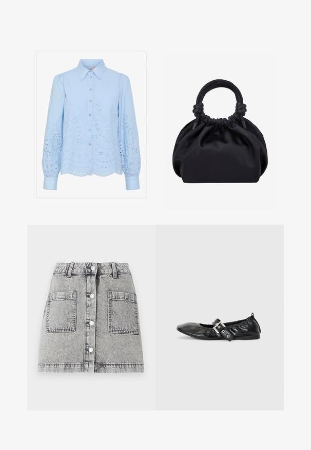 Lyseblå bluse med knaplukning foran, spids krave, lange puffede ærmer og broderet hulmønster. Scalloped afslutning.; Denim nederdel i lysegrå med en vinget tekstur, med knaplukning foran, to store frontlommer og lige pasform.; Sorte læder flade sko med spids tå, samling detaljer omkring åbningen, og en sølv spænde accent på den justerbare rem.; Sort blød stofhåndtaske med samlet top og cirkulære polstrede håndtag bundet med knuder på hver side.
