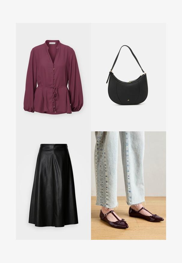Blouse prune à manches longues avec col mandarin, boutons dorés sur le devant et ceinture à la taille, avec un ourlet légèrement évasé et des poignets froncés.; Jupe en cuir noir avec un design évasé, longue jusqu'aux genoux, présentant une texture lisse et un dos structuré sans couture pour un look ajusté.; Ballerines bordeaux brillantes avec une bride en T, ornées d'un nœud à l'avant. Portées avec un jean court en denim bleu clair.; Sac à main en cuir noir avec une forme courbée, surface texturée, coutures avant et un logo doré. Il est doté d'une seule sangle ajustable.