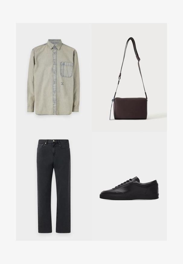 Hellgrau denim Hemd mit Button-Down-Kragen, langen Ärmeln, einer einzelnen Brusttasche und einem kleinen gestickten Logo auf der unteren linken Seite.; Schwarze Jeans aus Denim mit geradem Bein, fünf Taschen und Metallelementen. Der Stoff hat eine glatte, leicht strukturierte Oberfläche.; Schwarzer flacher Leder-Sneaker mit Schnürung vorne und flacher Gummisohle, seitlich auf einem schlichten weißen Hintergrund gezeigt.; Dunkelbraune, strukturierte Leder-Crossbody-Tasche mit verstellbarem Riemen und kleinem dekorativen blauen Akzent an der Seite.