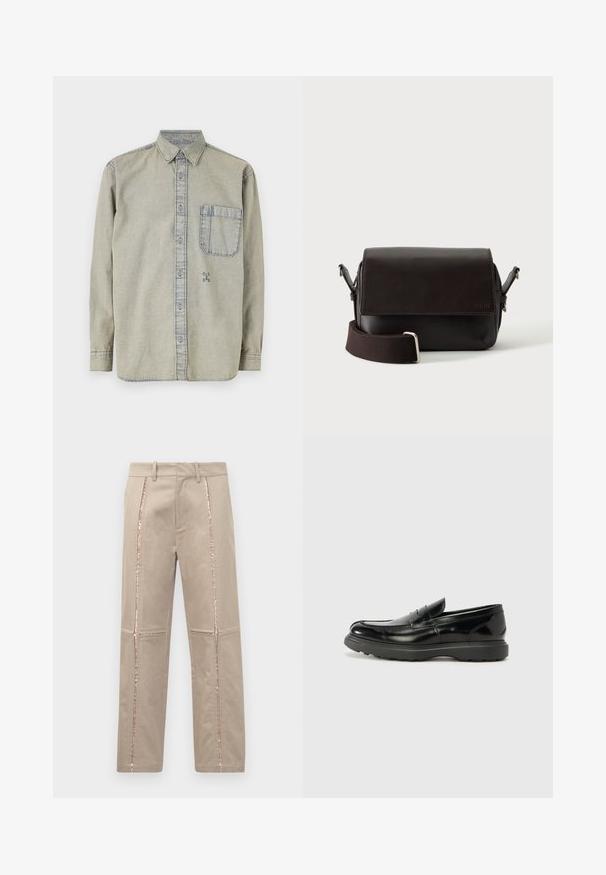 Camisa de mezclilla gris claro con cuello abotonado, mangas largas, un bolsillo en el pecho y un pequeño logotipo bordado en la parte inferior izquierda.; Pantalones beige con corte recto, que presentan franjas laterales de lentejuelas en color rosa dorado y sutiles detalles de costura en las piernas.; Mocasín de cuero negro con un acabado brillante, punta redondeada, detalles de costura sutiles y una suela de goma gruesa para mayor durabilidad.; Bolso bandolera de cuero marrón oscuro con cierre de solapa y correa de tela ajustable sobre fondo blanco.