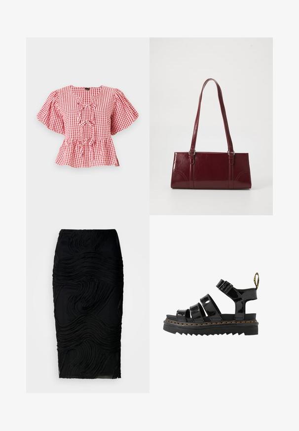 Punase ja valge ruuduline pluus, puffvarrukatega, kaelal lipsudetail ja peplum alläär. Valmistatud kergetest kangast.; Musthave mustrippkõrgusega must pliiatsiseelik, millel on lainelaadsed tekstuurilised mustrid ja keha järgiv siluett.; Mustad mustvalged lakknahast sandaalid, millel on mitu rihma, reguleeritav pandla ja oranž õmblus platvormtaldi peal, millel on sakilise tekstuur.; Burgundia värvi käekott, mis on valmistatud läikivast materjalist, ristküliku kujuline, kahe õlapaelaga ning ees on peened kaarjad aktsendid.