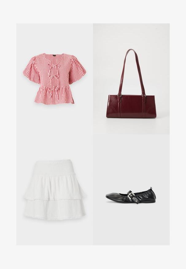 Rot-weißer karierter Bluse mit Puffärmeln, einer Krawattendetail am Hals und einem Peplum-Saum. Hergestellt aus leichtem Material.; Weißer gestufter Minirock mit elastischem Raffungbund und zartem Spitzenbesatz an jedem Stufenabschluss.; Schwarze Leder-Ballerinas mit spitzem Zehenbereich, gerafften Details am Schaft und einem silbernen Schnallenakzent am verstellbaren Riemen.; Burgunderfarbene Handtasche aus glänzendem Material, rechteckige Form, mit zwei Schulterriemen und subtilen, geschwungenen Akzenten an der Vorderseite.