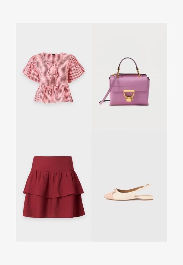 Rood-wit geruite blouse met puffmouwen, een strikdetail bij de hals en een peplum-zoom. Gemaakt van lichtgewicht stof.; Gelaagde rok in diep bordeauxrood, met een brede tailleband, gestructureerde ruffles op de lagen en een zachte, textuurstof.; Beige en blush slingback damesschoen met platte zool, puntige neus en klein strikdetail op een effen achtergrond.; Paarse leren handtas met een gestructureerd ontwerp, voorzien van een sluiting met goudkleurige hardware en een afneembare schouderriem. Soepele textuur.