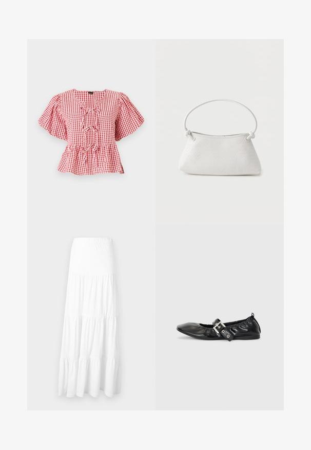 Blusa a cuadros rojos y blancos con mangas abullonadas, detalle de lazo en el cuello y dobladillo peplum. Fabricada en un tejido ligero.; Falda maxi blanca con volantes y cintura elástica, confeccionada en tela ligera, adecuada para uso casual.; Zapato plano de piel negra con puntera afilada, detalle fruncido alrededor de la abertura y un acento de hebilla plateada en la correa ajustable.; Bolso de mano de cuero blanco tejido con asa redondeada y extremos de la correa anudados, exhibido sobre un fondo liso.