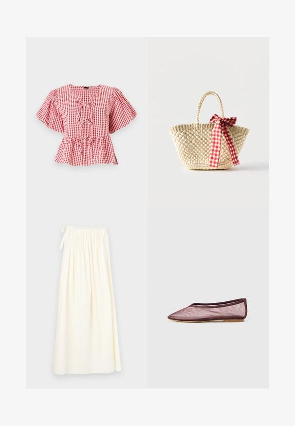Rød og hvid tjekket bluse med puffede ærmer, en bånddetalje ved halsen og en peplum-nederdel. Lavet af letvægtsstof.; Lang, cremefarvet nederdel lavet af letvægtsstof; har en elastisk talje med snøre og et svævende design med minimal tekstur.; Bordeaux net ballet flad med spids tå og tynd sål, der fremhæver et minimalistisk og åndbart design.; Flettet stråtaske med fletninger til håndtagene og et rødt og hvidternet bånd bundet som en sløjfe på den ene side.