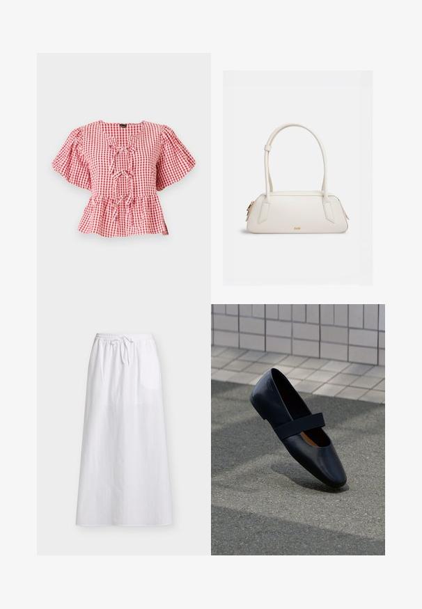 Rood-wit geruite blouse met puffmouwen, een strikdetail bij de hals en een peplum-zoom. Gemaakt van lichtgewicht stof.; Witte enkellange rok met elastische tailleband en vooraan trekkoord, gemaakt van lichtgewicht stof met subtiele textuur.; Zwarte leren platte schoen met een ronde neus, voorzien van een zachte zwarte elastische band over de wreef. Gladde textuur en minimalistisch ontwerp.; Rechthoekige handtas in crèmekleur met afgeronde hoeken, lange hengsels, een gouden rits en een klein gouden merklogo aan de voorkant.