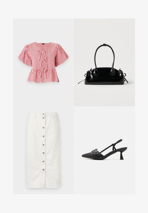 Rot-weißer karierter Bluse mit Puffärmeln, einer Krawattendetail am Hals und einem Peplum-Saum. Hergestellt aus leichtem Material.; Weiße Denim-Midikleid mit vorderem Knopfverschluss, zwei seitlichen Taschen und gestickten Akzenten am Bund. Mit rohem Saum.; Simmi London DALA - Pumps - black; Kleine schwarze glänzende Handtasche mit zwei langen Griffen und seitlichen Kordelzug-Details vor einfachem hellem Hintergrund.