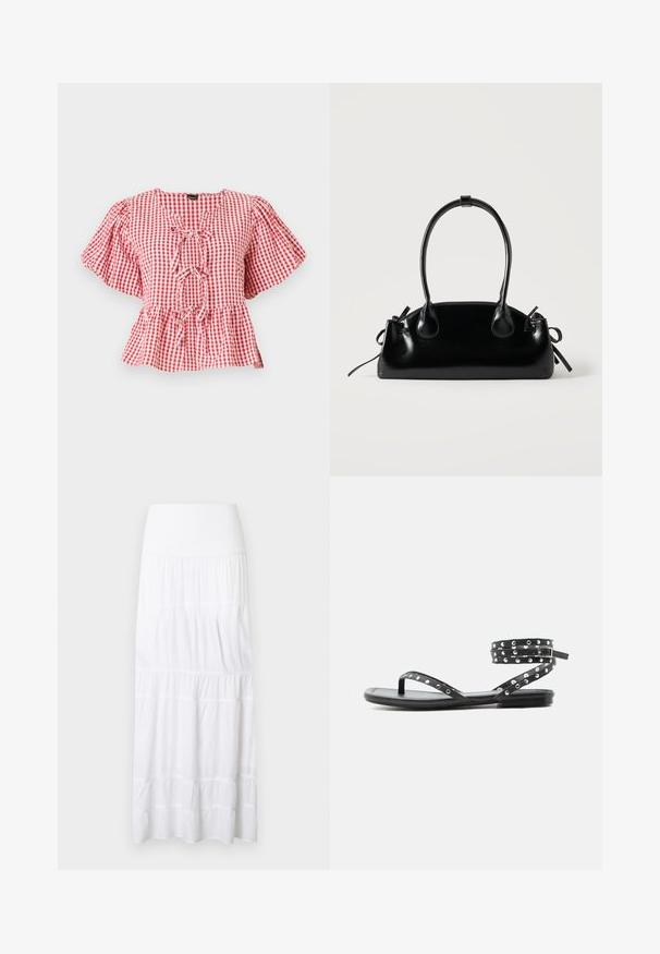 Rød og hvid tjekket bluse med puffede ærmer, en bånddetalje ved halsen og en peplum-nederdel. Lavet af letvægtsstof.; Hvid, lagdelt maxinederdel lavet af letvægtsstof. Har elastisk taljebånd og subtil tekstur med vandrette sømme.; Sort flad sandal med tynde stropper, sølvnitter og ankelrem med spænde på en ensartet lys baggrund.; Lille sort blank håndtaske med to lange håndtag og snøre-detaljer i siden på en ensfarvet lys baggrund.