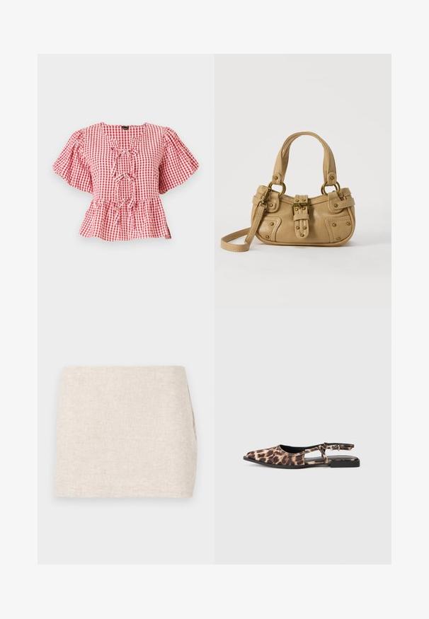 Rood-wit geruite blouse met puffmouwen, een strikdetail bij de hals en een peplum-zoom. Gemaakt van lichtgewicht stof.; Beige linnen rok met een minimaal ontwerp, voorzien van een gladde textuur en subtiele structuur. Het heeft een rechte, eenvoudige snit zonder zichtbare sluitingen.; Leopardprint platte slingback-schoen met spitse neus, open zijkanten en kleine zwarte hak. Materiaal lijkt glad met een lichte glans.; Beige leren handtas met dubbele handvatten, messing gesps en klinknagel details, en een verstelbare schouderriem tegen een witte achtergrond.