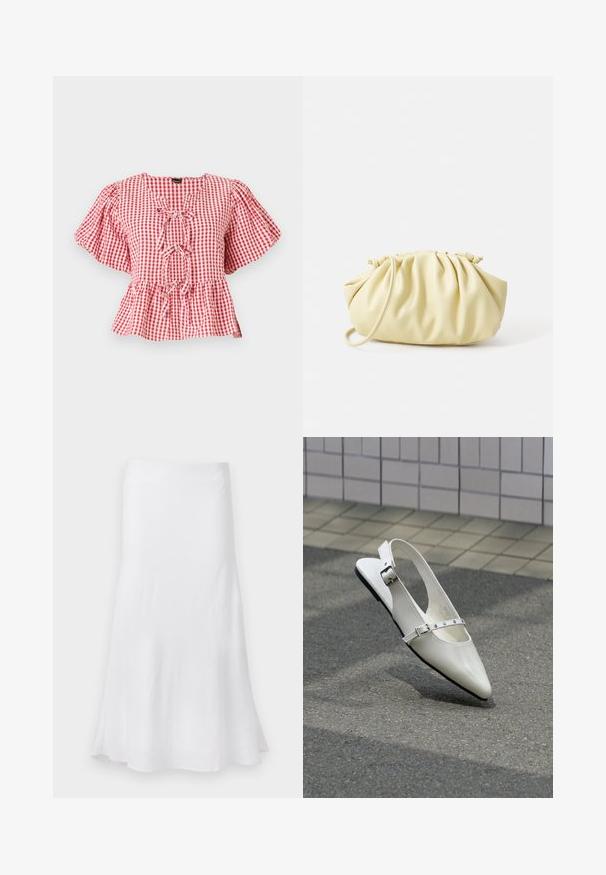 Rot-weißer karierter Bluse mit Puffärmeln, einer Krawattendetail am Hals und einem Peplum-Saum. Hergestellt aus leichtem Material.; Weißer Rock mit fließender A-Linien-Form, aus leichtem Stoff. Glatte Textur, knielang, mit einem einfachen Design ohne Muster.; Weißer spitzer Slingback-Slipper mit zwei silbernen Schnallen, abgebildet im Freien auf strukturiertem Boden und gefliester Wand im Hintergrund.; Gelbe, gefaltete Handtasche aus glattem Kunstleder mit weicher Form, einzigem Schulterriemen und gerafftem Oberteil.
