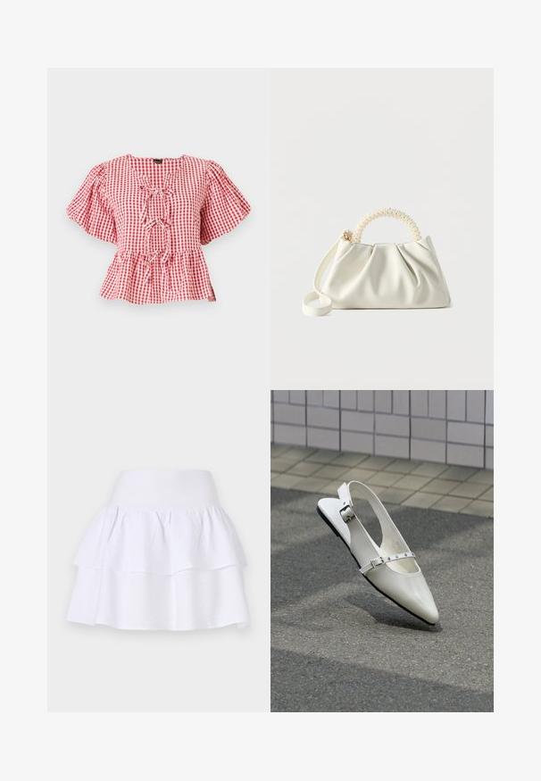 Rød og hvid tjekket bluse med puffede ærmer, en bånddetalje ved halsen og en peplum-nederdel. Lavet af letvægtsstof.; Hvid lagdelt nederdel lavet af letvægtigt stof, med et blødt design, elastisk talje og to voluminøse lag.; Hvid spids slingback flad sko med to sølvspænder, vist udendørs på tekstureret underlag og flisebelagt væg baggrund.; Lille hvid håndtaske med ruched krop, rundt håndtag pyntet med perler og aftagelig skulderrem på en ensfarvet baggrund.