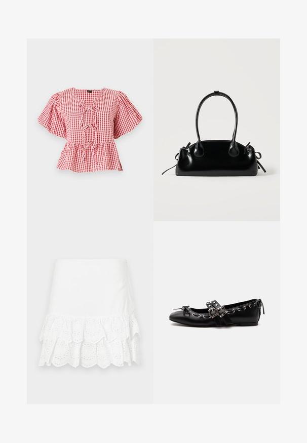 Blusa a cuadros rojos y blancos con mangas abullonadas, detalle de lazo en el cuello y dobladillo peplum. Fabricada en un tejido ligero.; Falda blanca de algodón con un diseño de volantes en capas y bordado de ojales en el dobladillo. Textura suave, por encima de la rodilla.; Zapato de ballet plano negro con correas de doble hebilla, ojales plateados y un pequeño lazo cerca de la puntera redondeada sobre un fondo blanco.; Pequeño bolso negro brillante con dos asas largas y detalles de cordón lateral sobre un fondo claro liso.