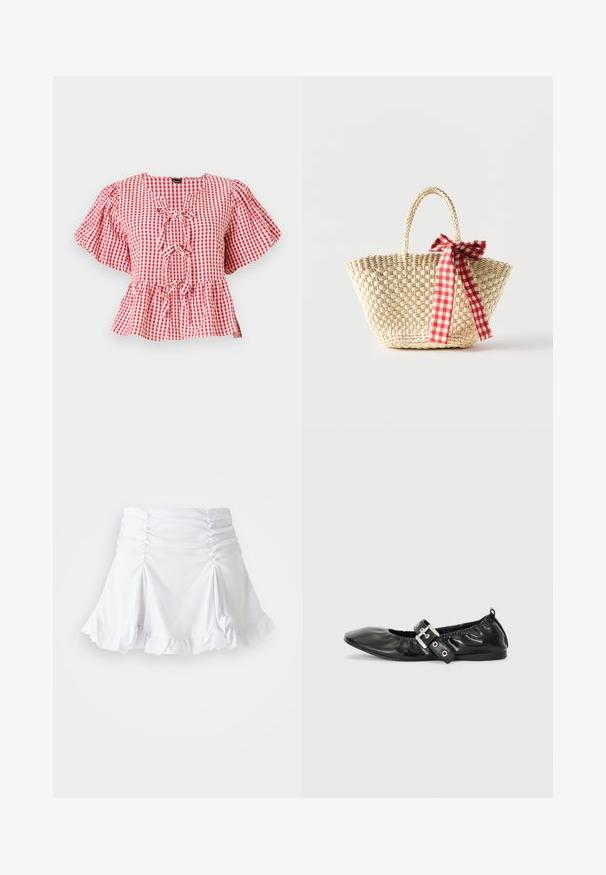 Rød og hvid tjekket bluse med puffede ærmer, en bånddetalje ved halsen og en peplum-nederdel. Lavet af letvægtsstof.; Hvid nederdel lavet af tekstureret stof med rynkedetaljer og bølger. Har en udvidet design med en tætsiddende talje.; Sorte læder flade sko med spids tå, samling detaljer omkring åbningen, og en sølv spænde accent på den justerbare rem.; Flettet stråtaske med fletninger til håndtagene og et rødt og hvidternet bånd bundet som en sløjfe på den ene side.