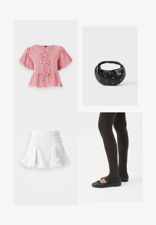 Rood-wit geruite blouse met puffmouwen, een strikdetail bij de hals en een peplum-zoom. Gemaakt van lichtgewicht stof.; Witte rok van gestructureerde stof met ruches en een gerimpelde zoom. Heeft een uitlopende ontwerp met een aansluitende taille.; Benen met donkere geribbelde leggings gecombineerd met zwarte ballerina's met kleine strikdetails op een witte achtergrond.; Zwarte leren handtas met een afgeronde vorm, versierd met zilveren studs, en een korte handgreep. Gladde textuur en ritsluiting.