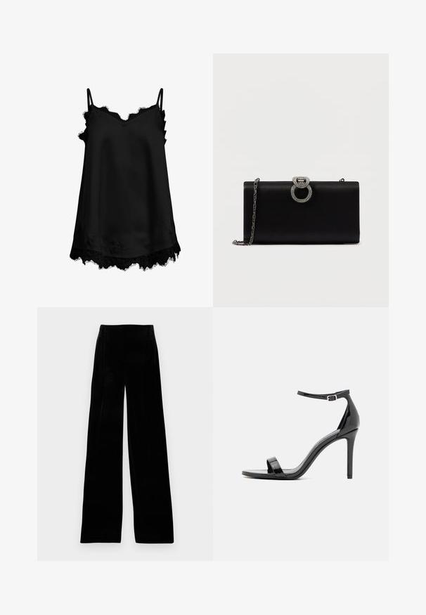 Camisole en crêpe noire avec fines bretelles réglables, bordure en dentelle festonnée au niveau du décolleté et de l'ourlet, présentant des motifs floraux délicats.; Pantalons large en velours noir avec une taille haute, un devant plissé et une texture lisse, conçus pour un ajustement décontracté.; Sandale à talons hauts en cuir verni noir avec une fine bride de cheville, à bout ouvert, au design minimaliste et à la finition lisse et brillante.; Pochette en satin noir avec une fermeture circulaire en métal argenté ornée de strass, dotée d'une chaîne amovible.