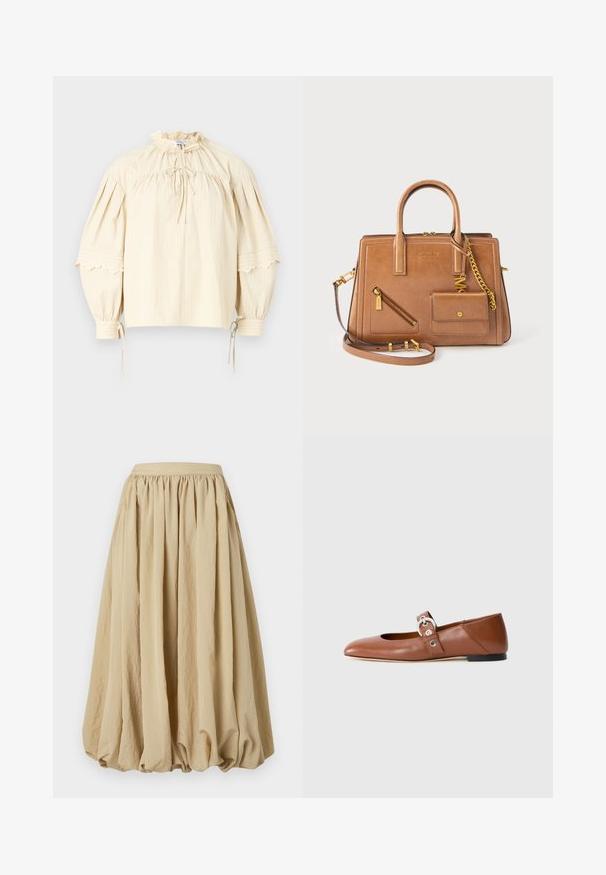 Hofmann Copenhagen SHARON - Blouse - oyster; Jupe midi beige avec taille froncée, en tissu fluide et forme volumineuse, présentant une surface texturée et de subtils détails de plis.; Ballerine en cuir marron avec un bout pointu et une découpe à l'avant. Équipée d'une sangle avec une boucle métallique et une semelle noire.; Sac à main en cuir fauve Michael Kors avec deux poignées, bandoulière amovible, poche avant zippée et petite pochette attachée avec chaîne dorée.
