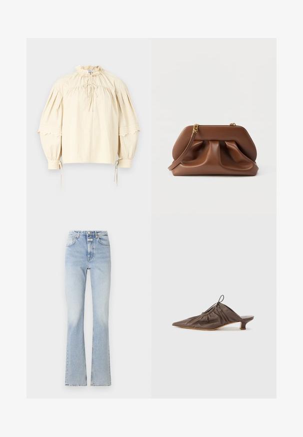 Hofmann Copenhagen SHARON - Blusa - oyster; Vaqueros de un azul claro con una cintura alta, piernas acampanadas y una sutil textura deslavada. Cuenta con cierre de botón y cremallera, y cinco bolsillos.; Mule de cuero marrón con punta afilada, textura recogida, tacón pequeño y un acento de cordón en la abertura. Acabado suave.; Bolso de mano de cuero marrón con diseño fruncido, herrajes de tono dorado y correa de muñeca desmontable sobre un fondo blanco.