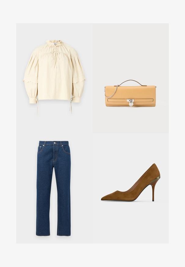 Hofmann Copenhagen SHARON - Blusa - oyster; Jeans de denim oscuro rectos con bolsillos delanteros y traseros, trabillas para cinturón, cierre de botón y costuras naranjas visibles.; Zapato de tacón alto de ante marrón con puntera puntiaguda, tacón de aguja delgado y detalle metálico cerca del talón sobre un fondo claro y liso.; Bolso de mano rectangular de cuero color tabaco con asa superior, detalle de cadena plateada y cierre de candado plateado en la solapa frontal.