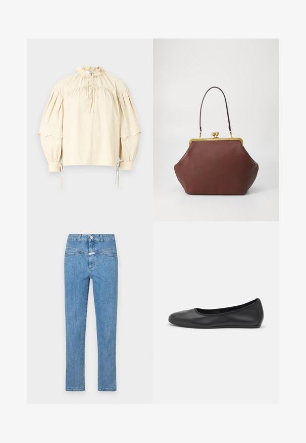 Hofmann Copenhagen SHARON - Blouse - oyster; Lichtblauwe denim jeans met een recht gesneden ontwerp, vijf zakken en een knoopsluiting. Heeft een licht vervaagde textuur en minimale stiksels.; Zwarte leren ballerina met een ronde neus, gladde textuur, minimale stikdetails en een flexibele zoolontwerp.; COACH Handtas - chestnut
