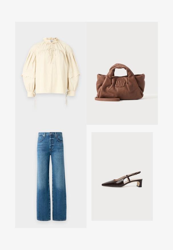 Hofmann Copenhagen SHARON - Blusa - oyster; Jeans de pierna ancha fabricados con denim azul claro. Presenta una cremallera de botones, trabillas para el cinturón y costuras en contraste. La tela tiene un efecto de lavado desgastado.; Zapato slingback marrón de punta afilada con tacón bajo y ancho, estampado de cocodrilo, corte lateral y correa ajustable con hebilla, mostrado sobre fondo blanco.; Bolso de mano de cuero marrón suave con asas cortas, un logo cosido en la parte delantera y una correa larga desmontable sobre un fondo claro y liso.